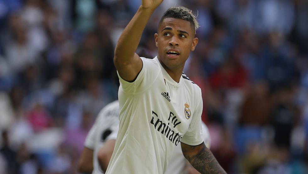 Real Madrid's Mariano Diaz celebrates after scoring his side's 3rd goal during a Spanish La Liga soccer match between Real Madrid and Villarreal at the Santiago Bernabeu stadium in Madrid, Spain, Sunday, May 5, 2019. (AP Photo/Paul White)