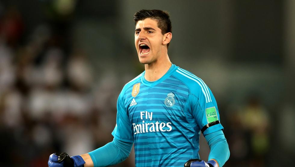 ABU DHABI, UNITED ARAB EMIRATES - DECEMBER 22: Thibaut Courtois of Real Madrid celebrates his sides first goal during the FIFA Club World Cup UAE 2018 Final between Al Ain and Real Madrid at the Zayed Sports City Stadium on December 22, 2018 in Abu Dhabi, United Arab Emirates. (Photo by Francois Nel/Getty Images)
