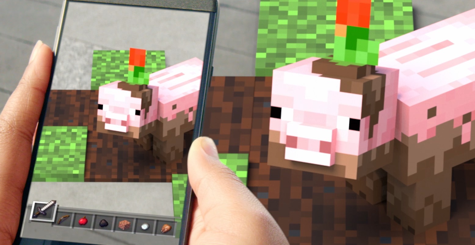 Un cerdo de Minecraft que se muestra en el mundo real a través de la realidad aumentada.