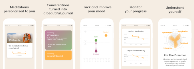 Capturas de pantalla de Youper, una aplicación para el bienestar emocional.