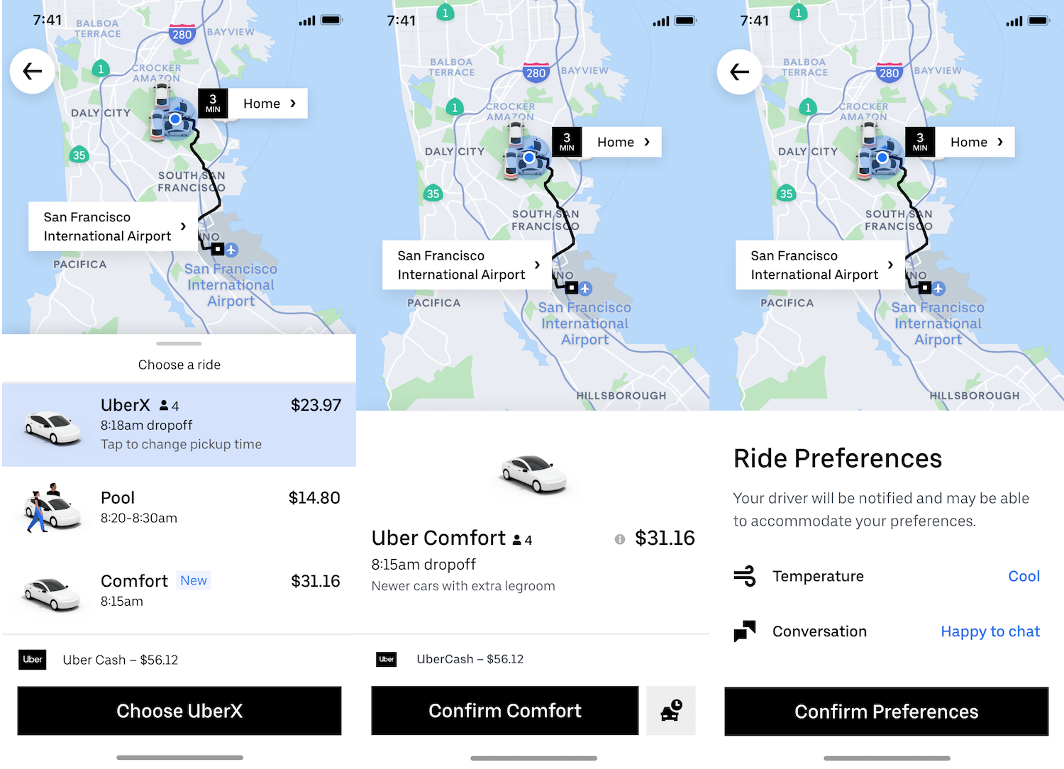 Preferencias de Uber Comfort Quiet Ride Rider
