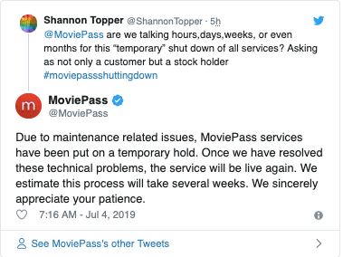 Captura de pantalla de las respuestas de MoviePass en Twitter.
