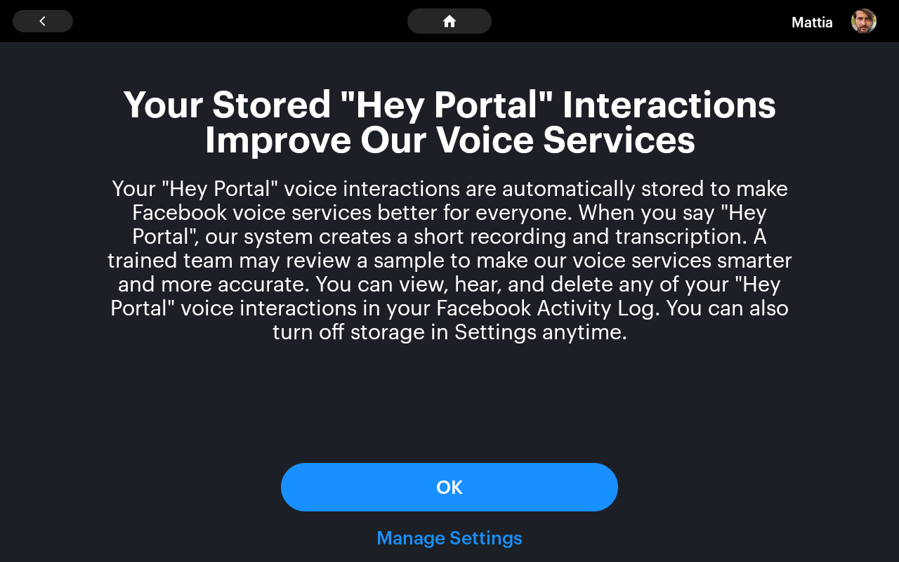 Pantalla de aviso de configuración de privacidad del portal