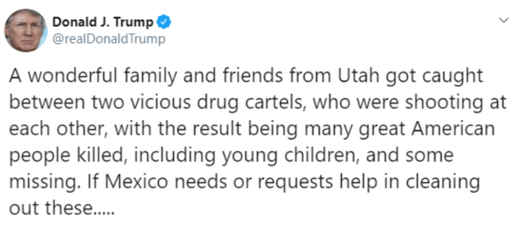 Trump ofrece ayuda a México para “borrar” a cárteles de la droga, tras ataque a familia LeBarón
