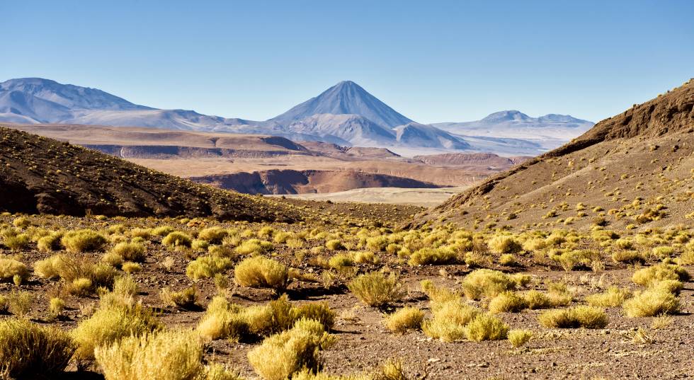Vista del desierto de Atacama, con el volcán Licancabur al fondo.
