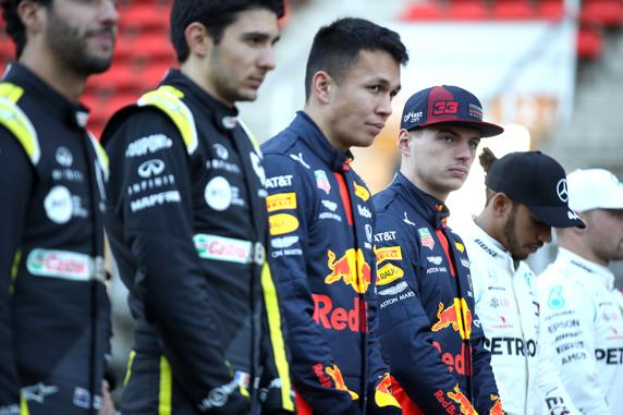 BARCELONA, SPAIN - FEBRUARY 19: Max Verstappen of Netherlands and Red Bull Racing looks on as drivers line up on the grid for a photo prior to day one of Formula 1 Winter Testing at Circuit de Barcelona-Catalunya on February 19, 2020 in Barcelona, Spain. (Photo by Mark Thompson/Getty Images)