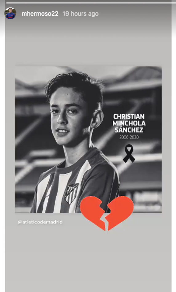 El pésame de los jugadores del Atlético de Madrid tras la muerte del joven Christian Minchola.