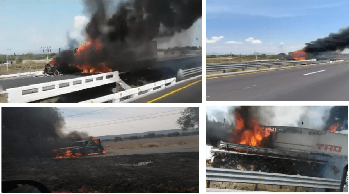 Difunden fotos y video de bloqueos de autos incendiados en autopista Querétaro-Celaya, sitiada Celaya