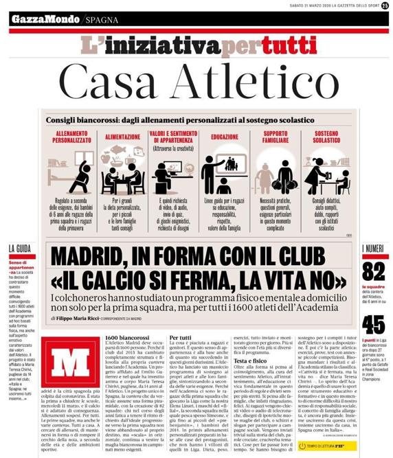 En Italia han alabado la iniciativa del Atlético de Madrid de que sus jugadores de cantera entrenen en casa durante la crisis del coronavirus.
