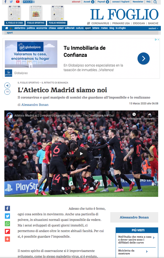 El diario italiano Il Foglio compara la defensa de Italia contra el coronavirus, con la defensa que hizo el Atlético de Madrid en Anfield.