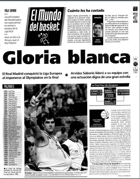 Página de Mundo Deportivo de la final de la Liga Europea de 1995 disputada en Zaragoza entre el Real Madrid y el Olympiakos