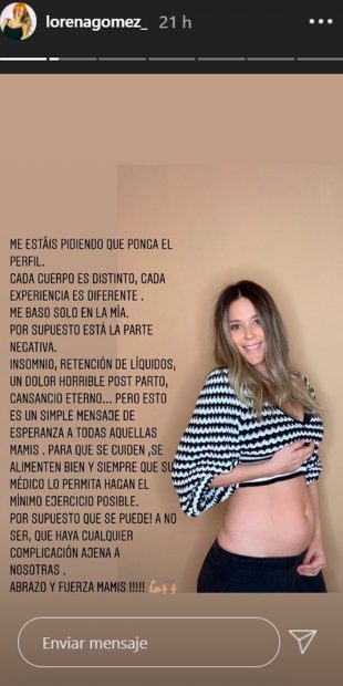 Lorena Gómez muestra su tripa posparto una semana después de dar a luz