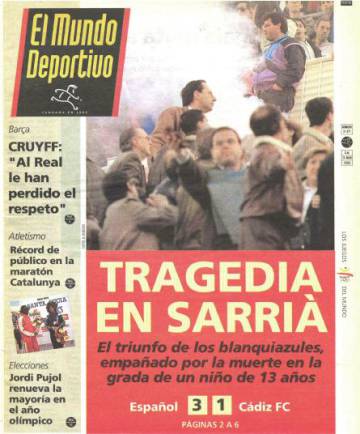 Portada del periódico especializado 'El Mundo Deportivo' en el que se informa de la tragedia en la que falleció el joven Guillermo Alfonso Lázaro en Sarrià.