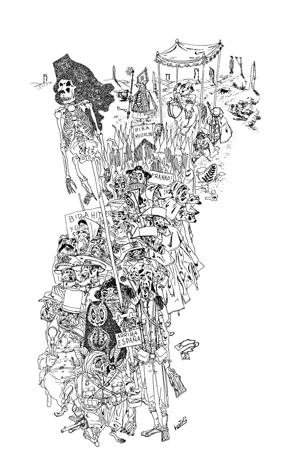 Todo el antifranquismo y el anticlericalismo de Josep Bartoli, reunidos en una ilustración.
