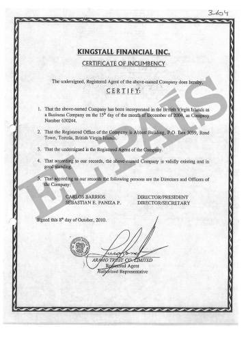 Certificado en las Islas Vírgenes de la sociedad Kingstall Financial Inc que investiga la policía por sus vínculos con Colombia.