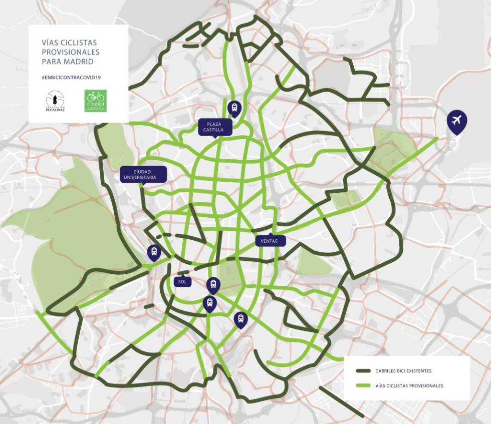 Mapa de vías ciclistas provisionales propuesto por Pedalibre al Ayuntamiento de Madrid. 