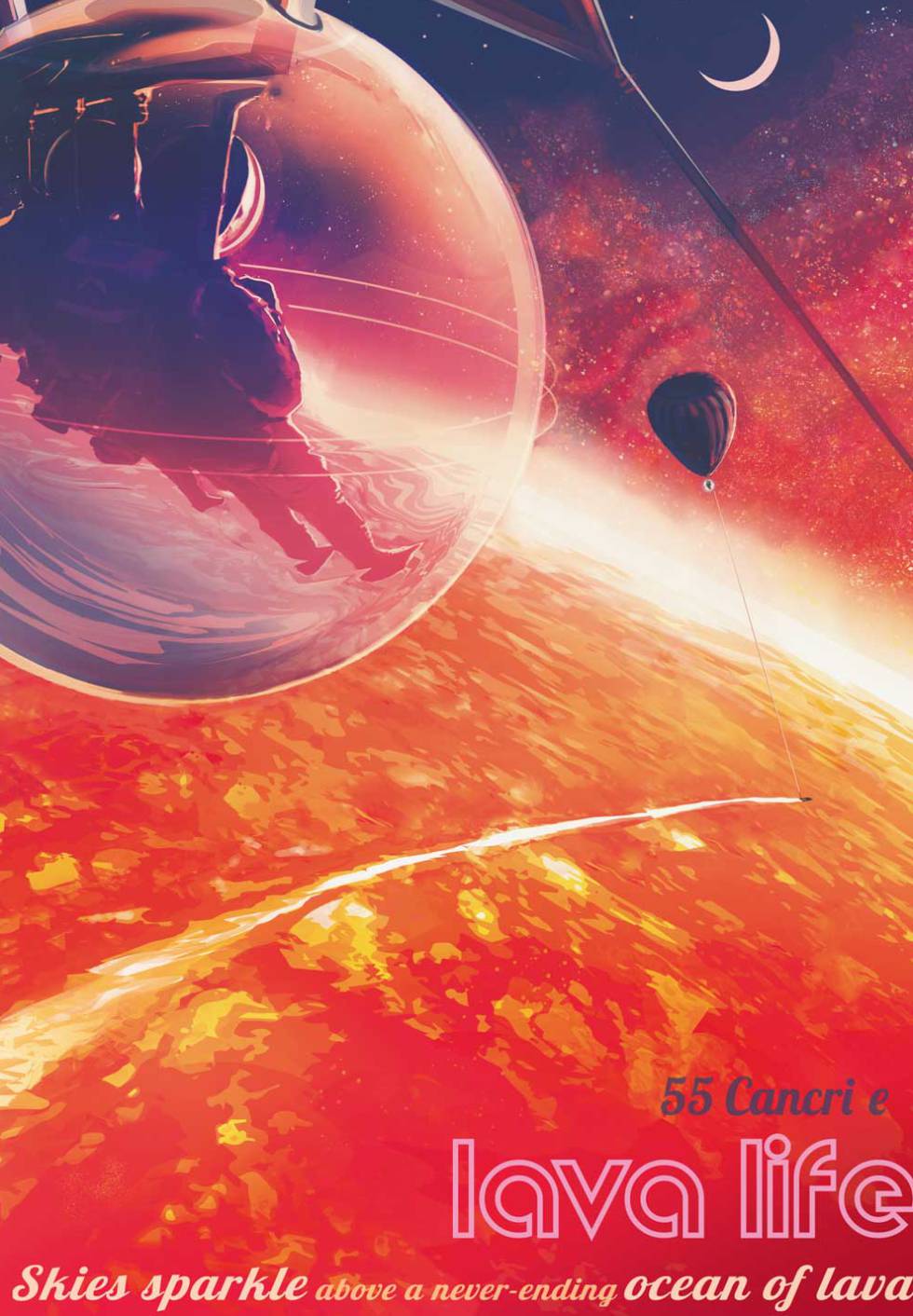 Poster promocional de la NASA sobre un hipotético viaje a los océanos de lava del exoplaneta 55 Cancri e.