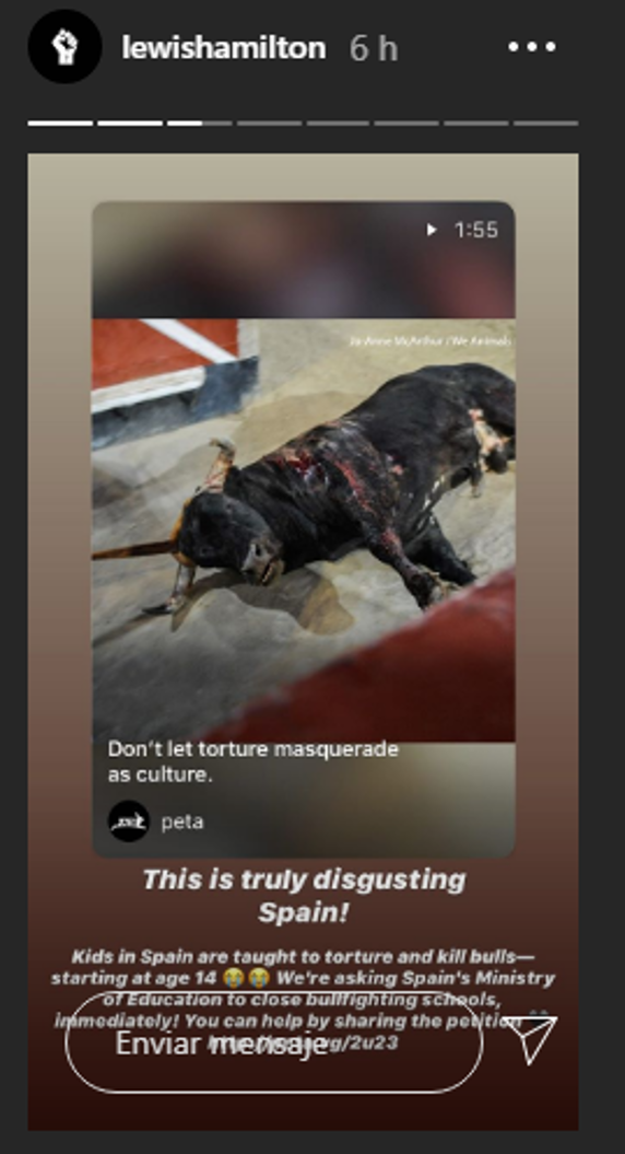 El Stories de Instagram de Lewis Hamilton contra los toros