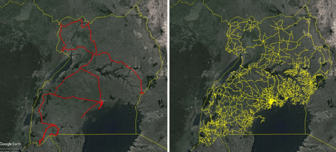 La red de fibra de Uganda se muestra a la izquierda, y la red eléctrica de potencia media mucho más generalizada se muestra a la derecha