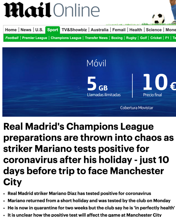 Imagen de la edición digital de Mail Online en la que se habla de 'caos' en los preparativos del partido entre City y Real Madrid
