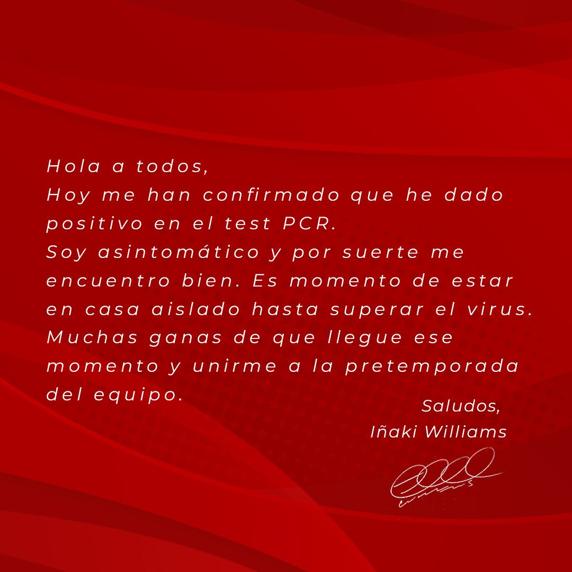 Imagen del comunicado que ha emitido Williams en las redes sociales para comunicar su positivo por Covid-19