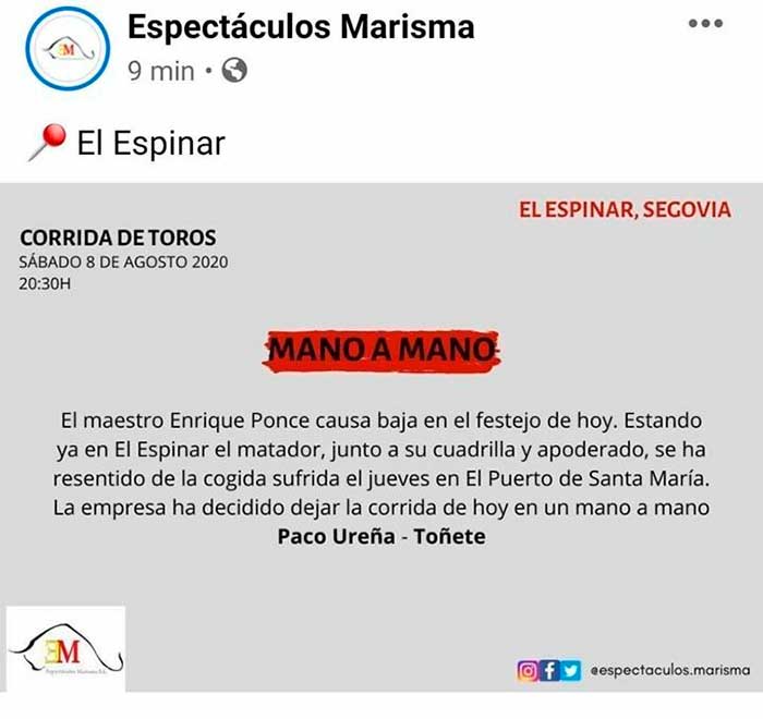 La plaza de El Espinar ha emitido un comunicado para informar de la baja de Enrique Ponce / Espectáculos Marisma