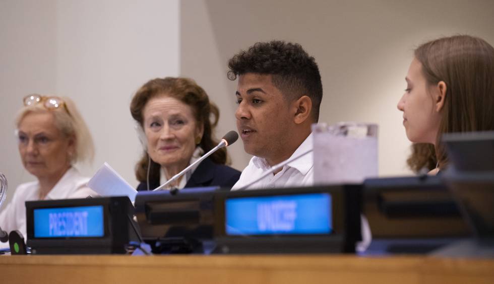 Felipe Caetano en su discurso en la reunión del Consejo Ejecutivo de Unicef, en la sede de las Naciones Unidas, en Nueva York, en septiembre de 2019.