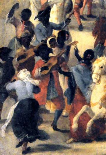 Bailes y músicos afro-hispanos en Sevilla. Detalle de ‘Carro del Aire’. Máscara de la Fabrica de Tabacos con motivo de la exaltación al trono de Fernando VI. Domingo Martínez (1748-1749).