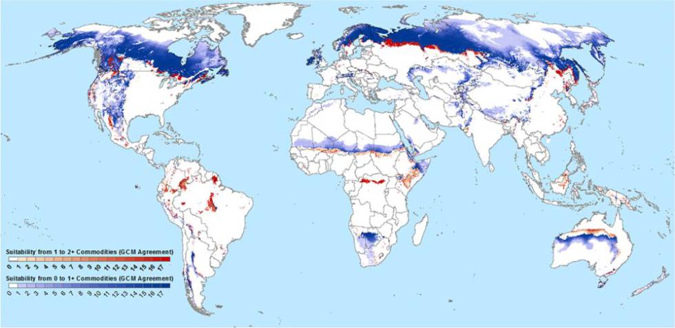 En un escenario sin reducción de emisiones, en las zonas en azul se podría sembrar al menos un cultivo, sobre todo trigo, patatas o maíz. En las rojas, dos o más.