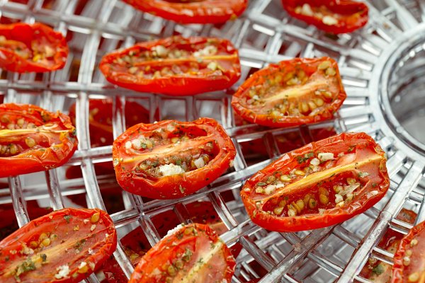 Un deshidratador de alimentos con tomates. 