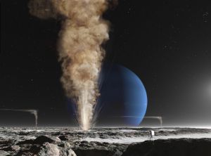 Recreación futurista de un astronauta observando la erupción de un criogéiser en Tritón, la luna de Neptuno.