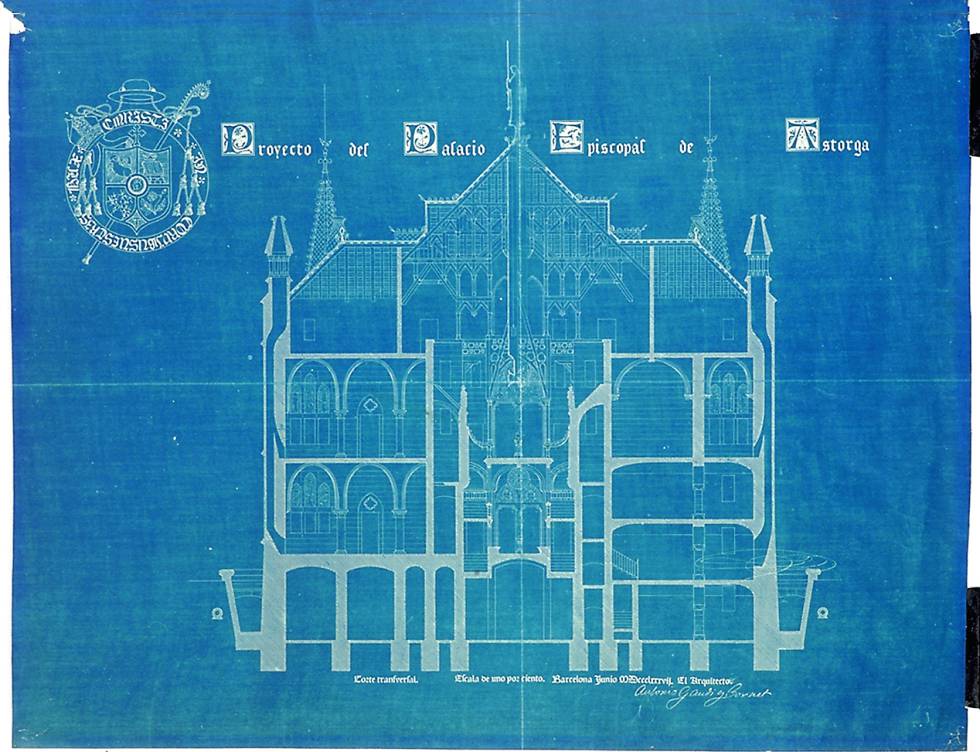 Cianotipo con el proyecto ideado por el arquitecto para el Palacio Episcopal de Astorga, en 1988.