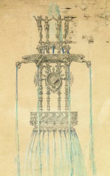Dibujo a lápiz y acuarela para la obra de fuente monumental para la plaza de Catalunya de Barcelona, 1877.
