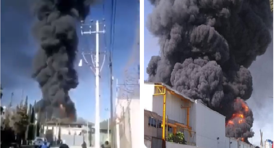 Fuerte incendio en fábrica de veladoras, explota tanque de gas, hay un bombero herido, en Cuautitlán