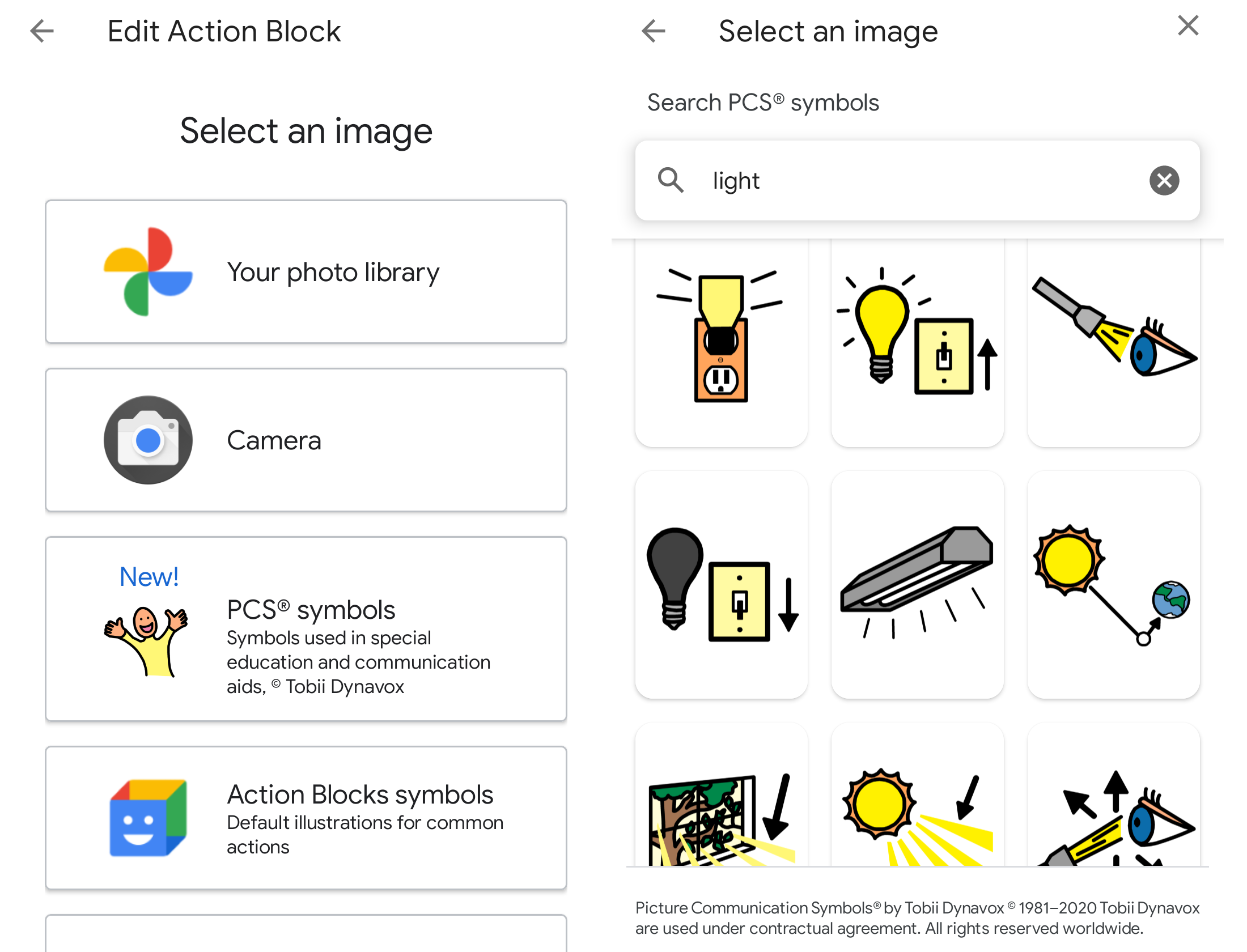 Interfaz de Tobii y Google para agregar acciones usando íconos pictóricos.
