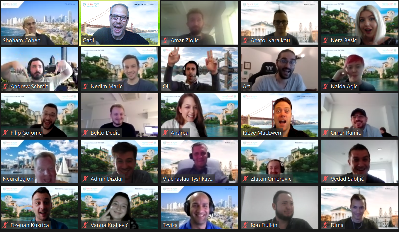 Una foto grupal de videollamada del equipo de NeuraLegion trabajando de forma remota en todo el mundo