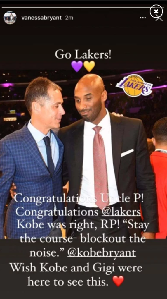 La viuda de Kobe Bryant, Vanessa Bryant, mandó un mensaje de felicitación a Los Ángeles Lakers