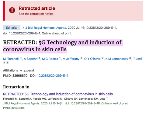 una captura de pantalla del sitio web pubmed que muestra el artículo retirado que vincula 5g y covid 19