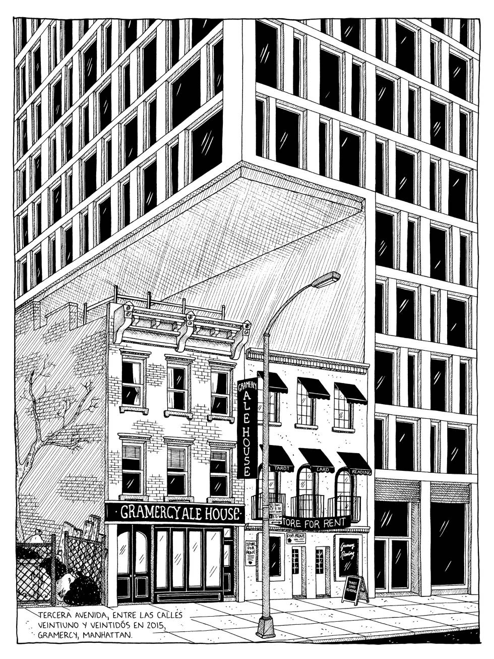 Dibujo de Julia Wertz para el libro 'Barrios, bloques y basura' (Errata Naturae) del 'hold out' de la Tercera avenida, entre las calles 21 y 22 de Gramercy en Manhattan.