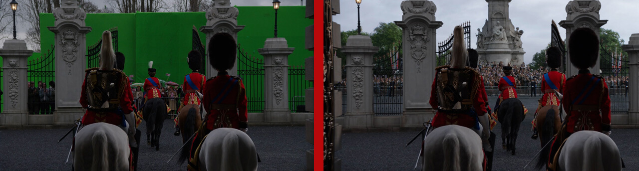 antes y después de la temporada 4 de la corona fuera de las puertas del palacio de buckingham