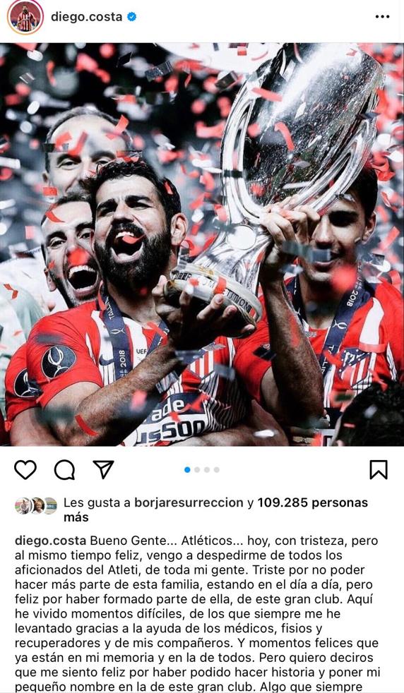 La despedida de Diego Costa desde Instagram