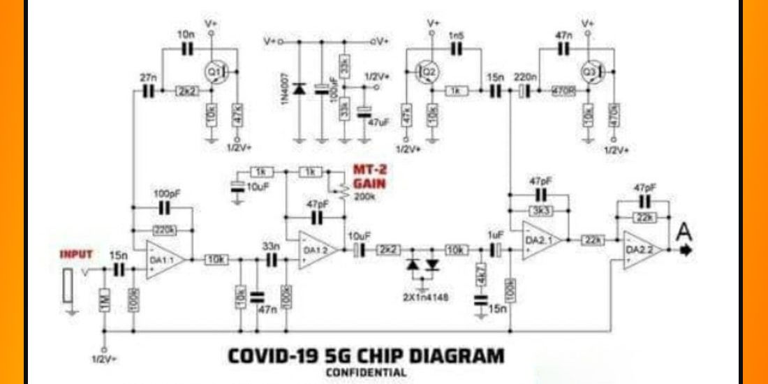 Los conspiradores dicen que este chip 5G está en la vacuna COVID.  Es solo un pedal de guitarra.