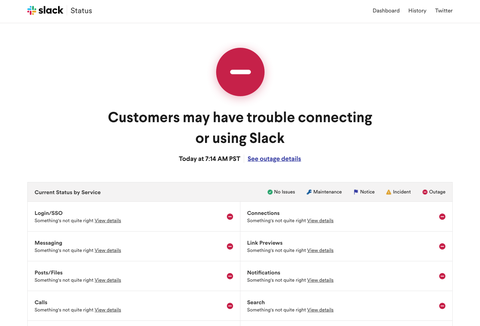 página de estado del servicio de Slack