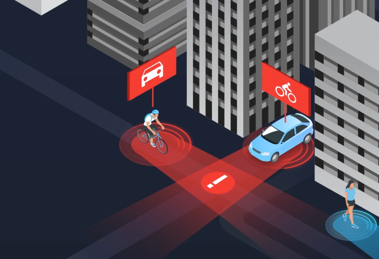 Ilustración CG de un ciclista y un automóvil advertidos de una colisión inminente.