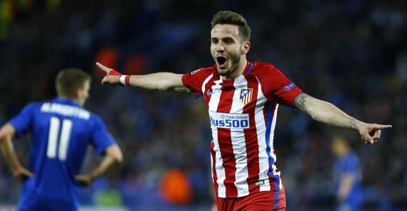 Saúl celebra el 0-1 ante el Leicester City en la 2016-2017.