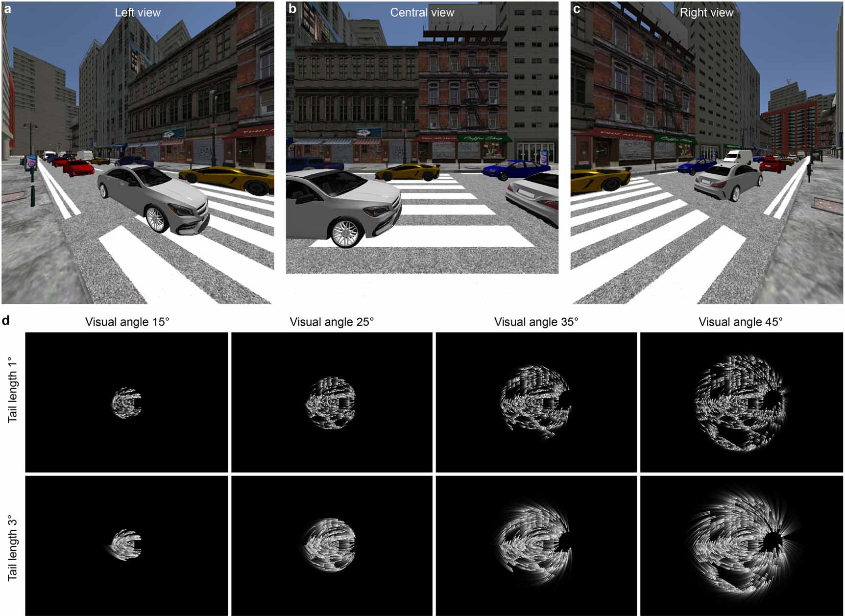 Una escena callejera renderizada digitalmente y versiones monocromáticas distorsionadas a continuación que muestran varias formas de representarla a través de fósforos virtuales.