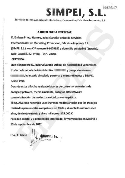 Documento en el que el administrador único de la editorial SIMPEI S. L., Enrique Prieto Herrera, reconoce los pagos al exviceministro de Energía de Venezuela Javier Alvarado.