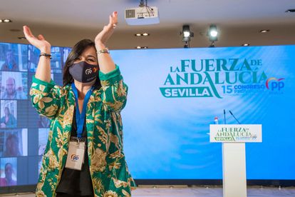 La presidenta del PP de Sevilla, Virginia Pérez, este sábado en el congreso provincial.