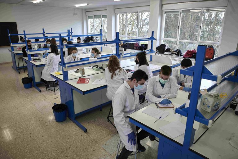 Alumnos del grado en Biotecnología de la Universidad Pública de Navarra, este lunes.
