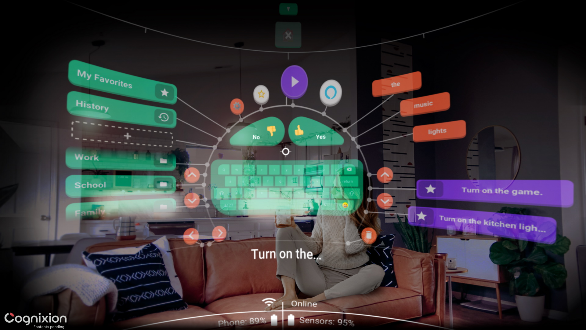 Imagen de la interfaz de Cognixion de destino tal como podría parecerle a un usuario, con botones para sí, no, frases y herramientas.